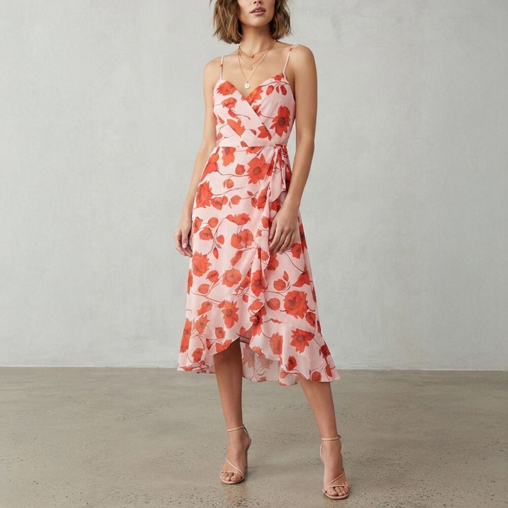 Eliza J Pink Red Floral Chiffon Wrap Midi Dress Ruffle V-Neck Size 8